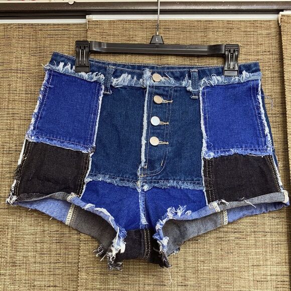 Vintage custom jean patchwork short shorts raw edge - Picture 1 of 4